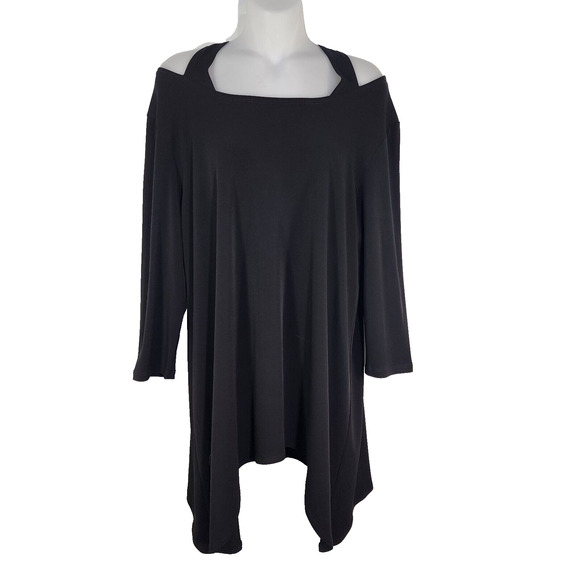 Clara Sun Woo Tunic Top Women Large Black Sharkbite Hem Cold Shoulder 3/4 Sleeve - Picture 1 of 7